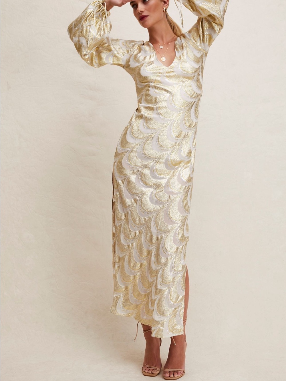 Jen's Pirate Booty Gold and White Scallop Sequin Maxi Dress